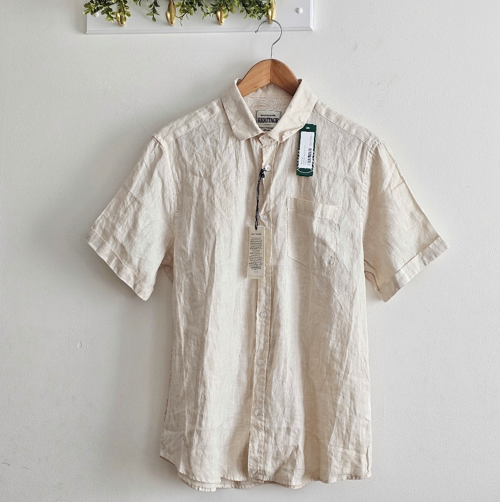 Heritage Report Collection 100% Linen Shirt Sand Beige Short Sleeve Size L NWT
